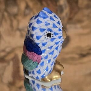 Vintage Herend fishnet Owl miniature 1.75" BLUE w/24k Gold hand-painted PERFECT